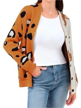 NWT Derax Oversized Leopard & Tiger Print Cardigan Sweater - XS